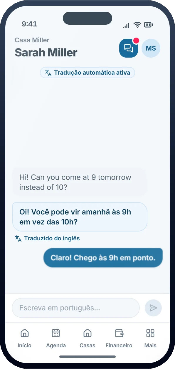 Chat do Klinvi traduzindo a mensagem da cliente do inglês