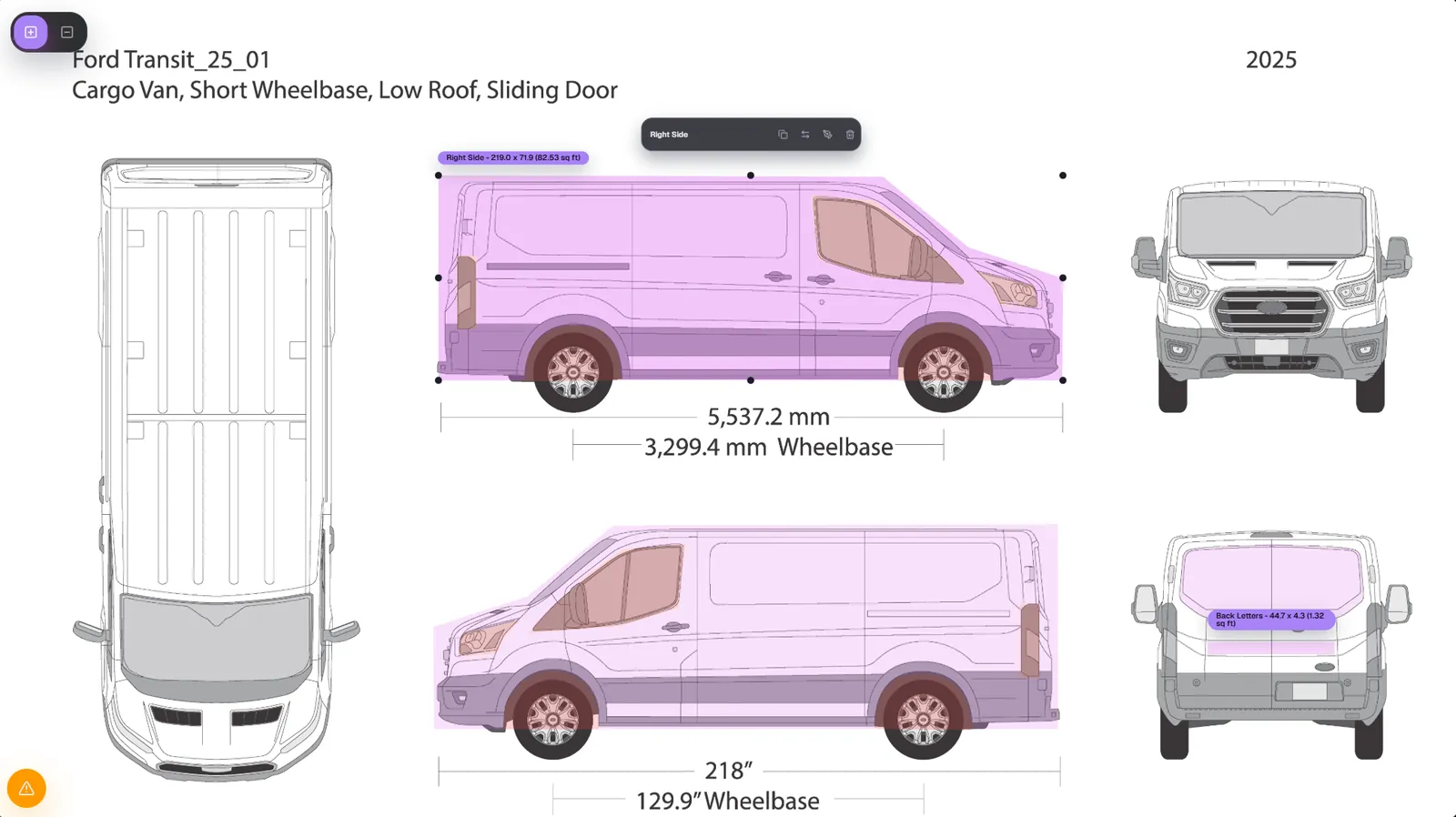 Editor do Wrapmator com o blueprint de uma Ford Transit e os painéis selecionados para o orçamento
